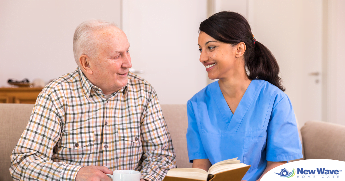 A professional caregiver enjoys her flexible career as she cares for and reads to an older client.