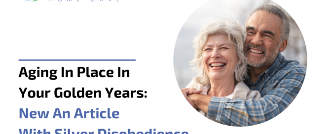 A graphic with the title, logo, and a happy senior couple representing aging in place.