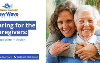 A graphic depicts a caregiver and older client as well as the title Caring for the Caregivers.