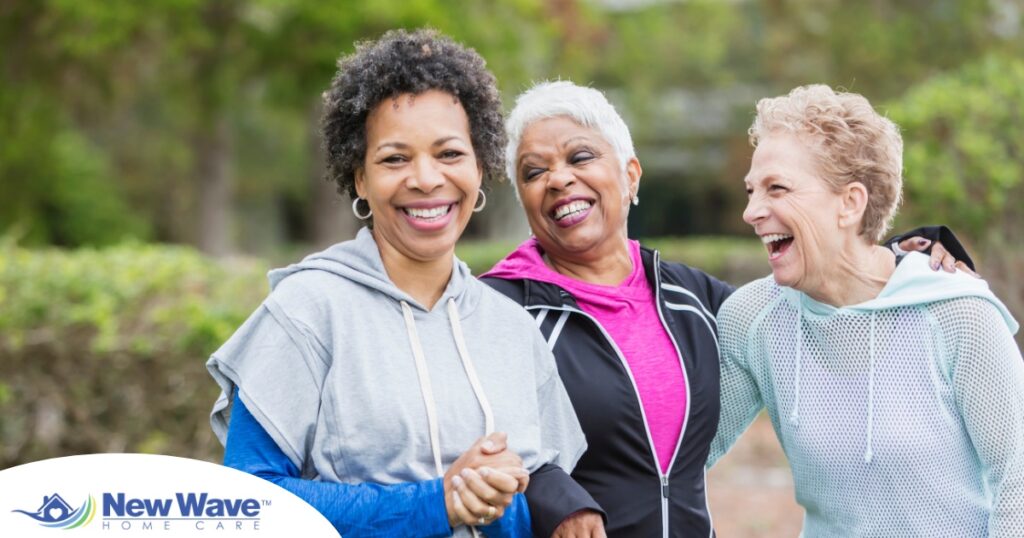 3 older women enjoy their time staying active together representing how a longer healthspan can help with staying active and engaged longer.