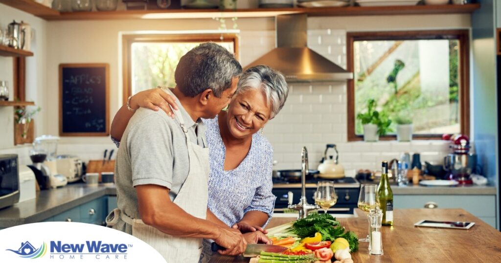 An older couple prepares healthy food together representing National Nutrition Month.