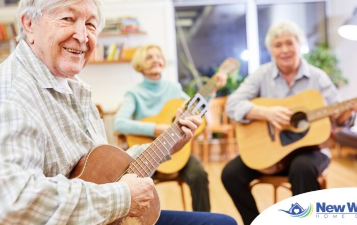 A group of seniors enjoy playing instruments together showing the impact of music for older adults.