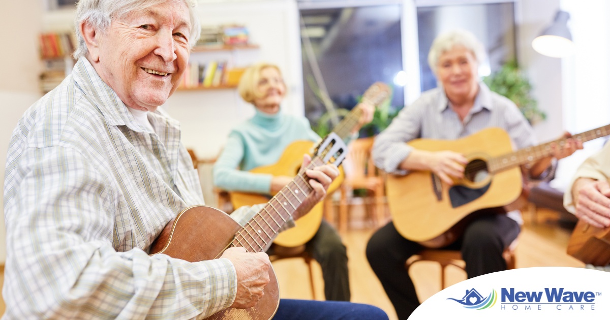 A group of seniors enjoy playing instruments together showing the impact of music for older adults.