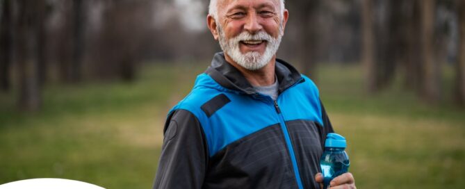 An older man smiles with a water bottle while exercising, representing the benefits of encouraging exercise when caring for seniors at home.