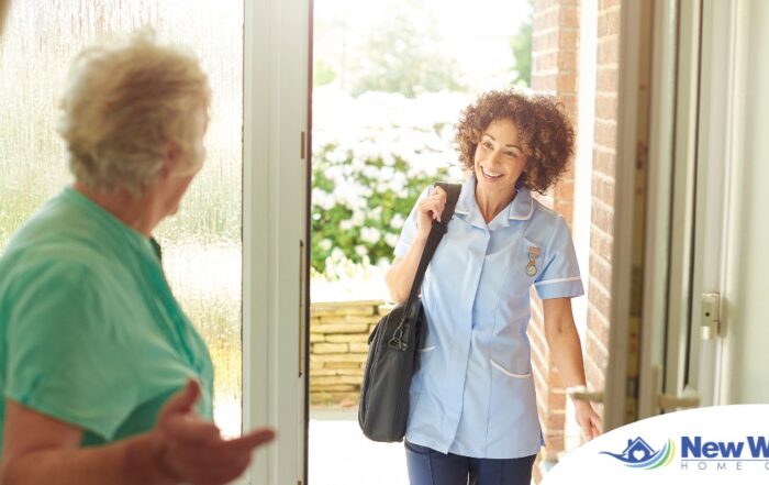 A caregiver comes in to see a client at home representing senior home care and the services offered.