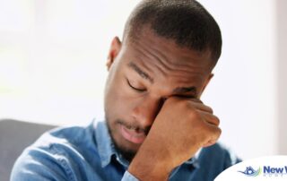A man tiredly rubs his eyes, representing the exhaustion that can come with family caregiving.