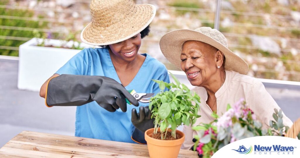 Caregiver and Senior gardening as part of companion care activities.