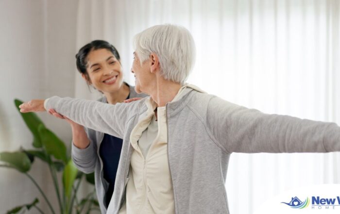A caregiver and senior practice tai chi as one of many enriching activities for seniors at home.