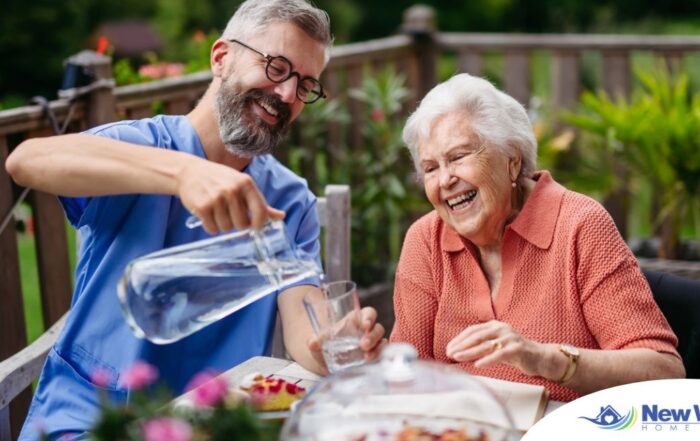 A caregiver applies summer Caregiving Tips including helping a senior stay hydrated.
