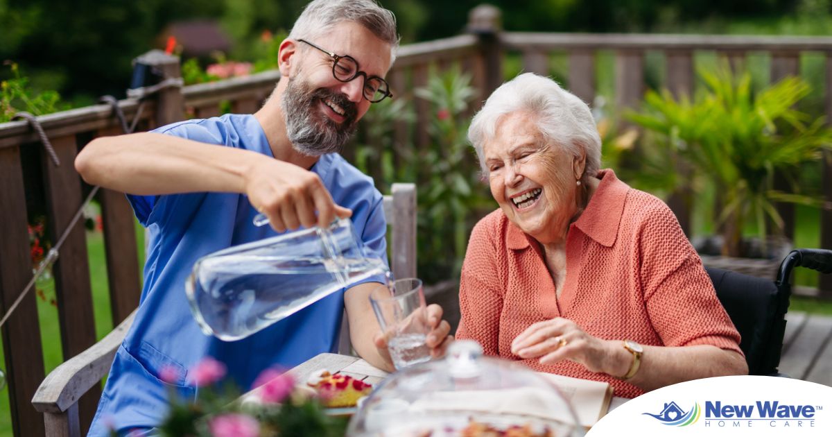 A caregiver applies summer Caregiving Tips including helping a senior stay hydrated.