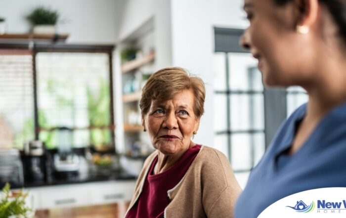Caregiver provides attentive senior care as part of diabetes awareness