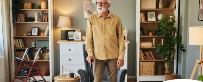 Exploring fall prevention for seniors — an elderly man stands in a safely arranged room.