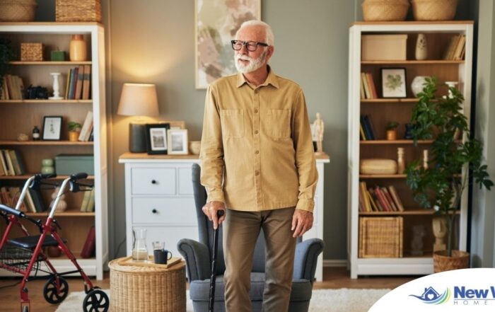 Exploring fall prevention for seniors — an elderly man stands in a safely arranged room.