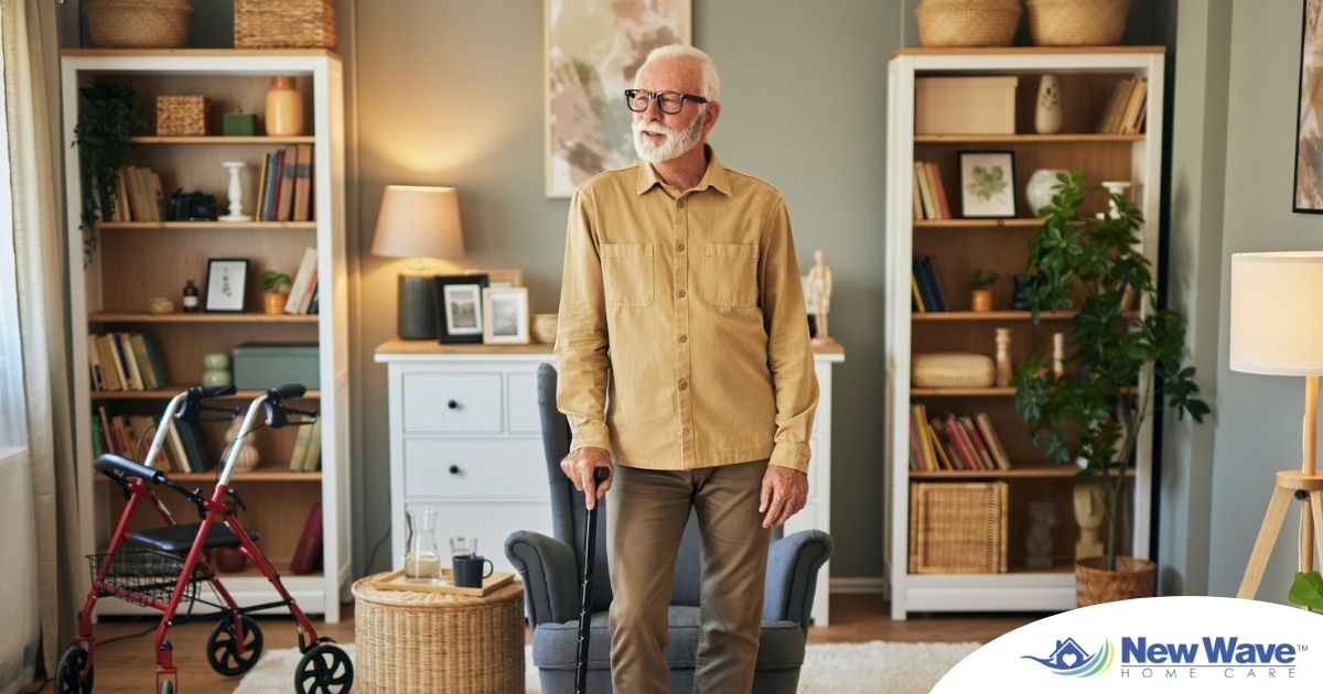 Exploring fall prevention for seniors — an elderly man stands in a safely arranged room.